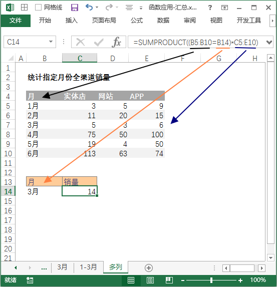 Excel 如何对多列区域按条件求和？